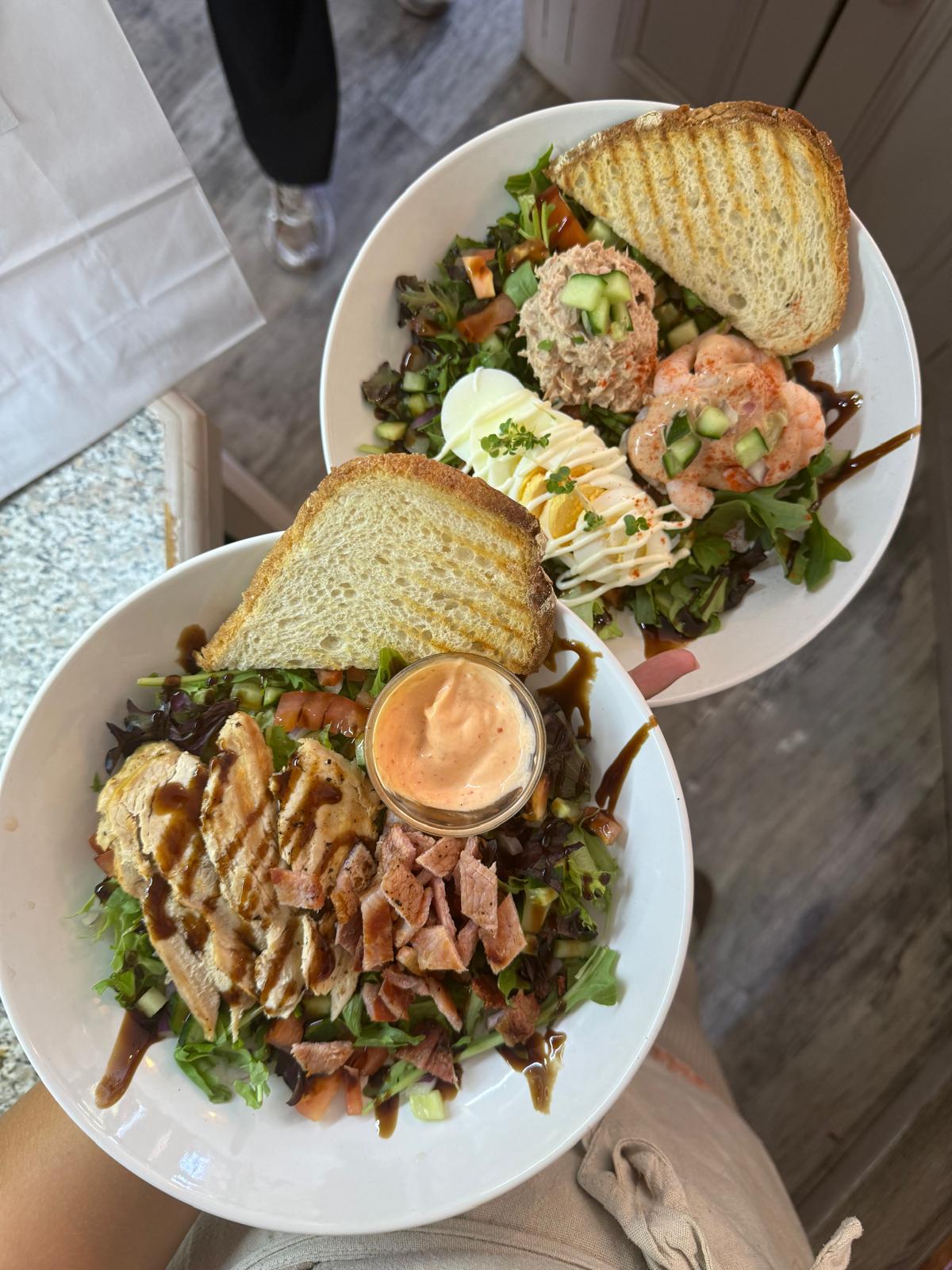Chicken and prawn salad plates with toasted sourdough