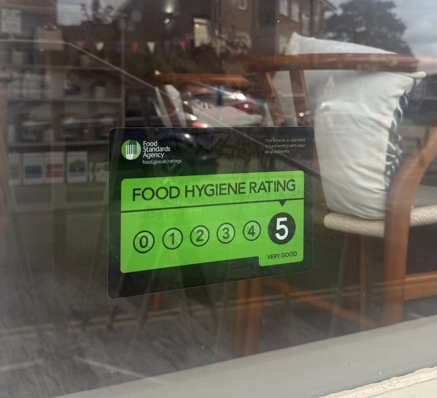 Food Standards Agency food hygiene rating sticker showing a rating of 5, Very Good